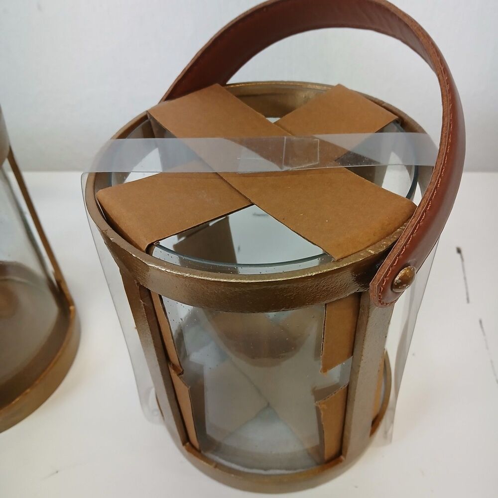 Threshold Glass Candle Holder Set of 2 Brushed Metal w/Brown Faux Leather Handle - Picture 2 of 9